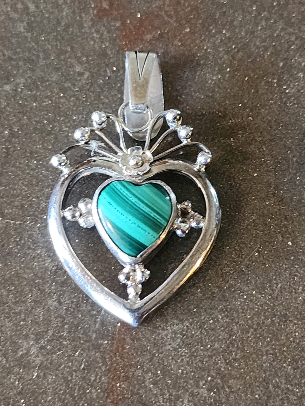 Sterling Silver Heart Necklace Pendant with Green Malachite Heart